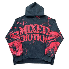MIXED EMOTION Skull Distressed Print Zip‑Up Hoodie