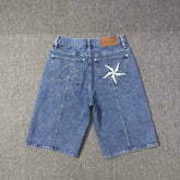 Corteiz Demon Island Embroidery Pentagram denim shorts Men's summer high street loose casual pants pants tide