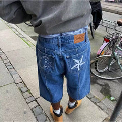Corteiz Demon Island Embroidery Pentagram denim shorts Men's summer high street loose casual pants pants tide