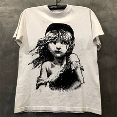 Les Miserables, a musical in Les Miserables, is a trendy high street retro T-shirt with shoulder length short sleeves for both men and women