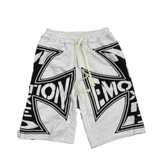 MIXED EMOTION Bold Graphic Raw‑Edge Sweat Shorts
