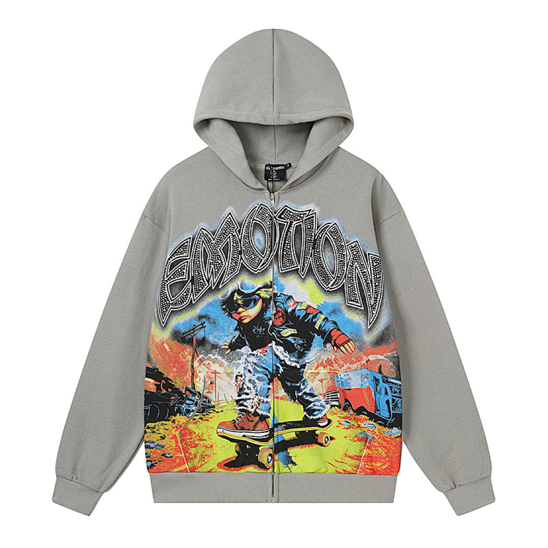 MIXED EMOTION Retro Print Zip Hoodie