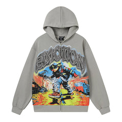 MIXED EMOTION Retro Print Zip Hoodie