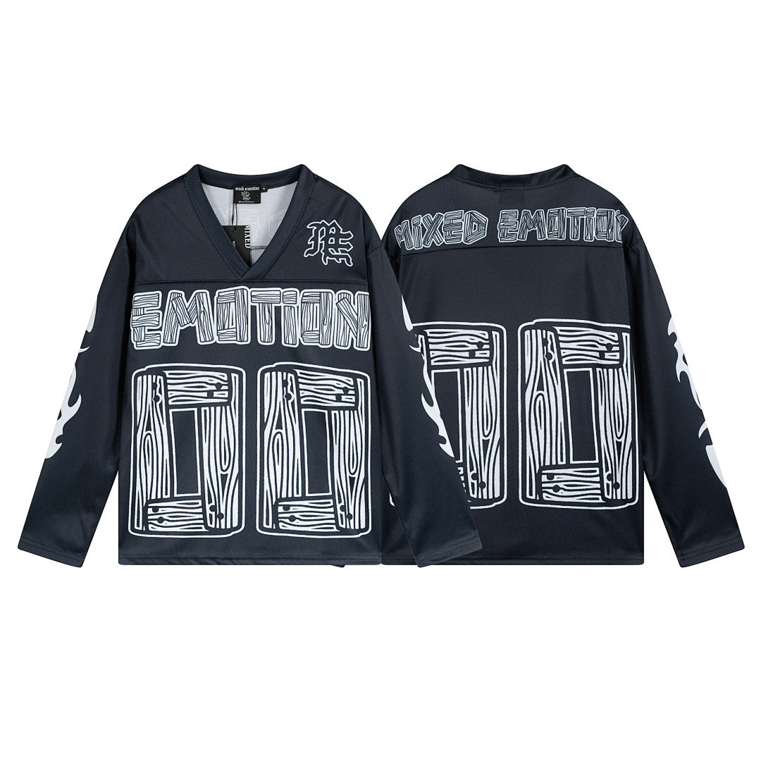MIXED EMOTION 00 Graphic Mesh Long Sleeve Top