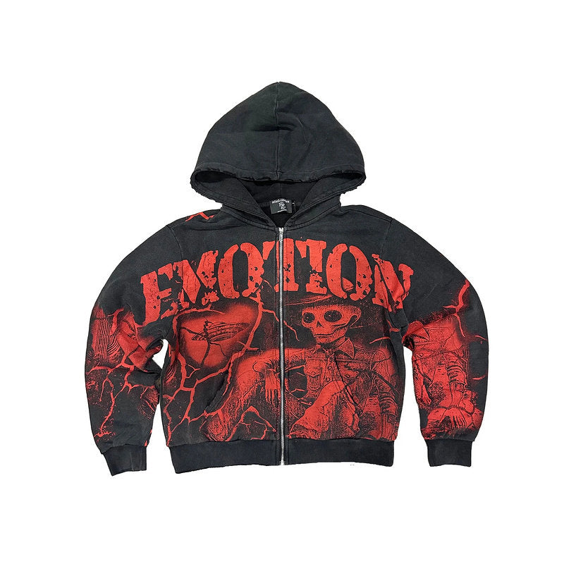 MIXED EMOTION Skeleton Distressed Zip‑Up Hoodie
