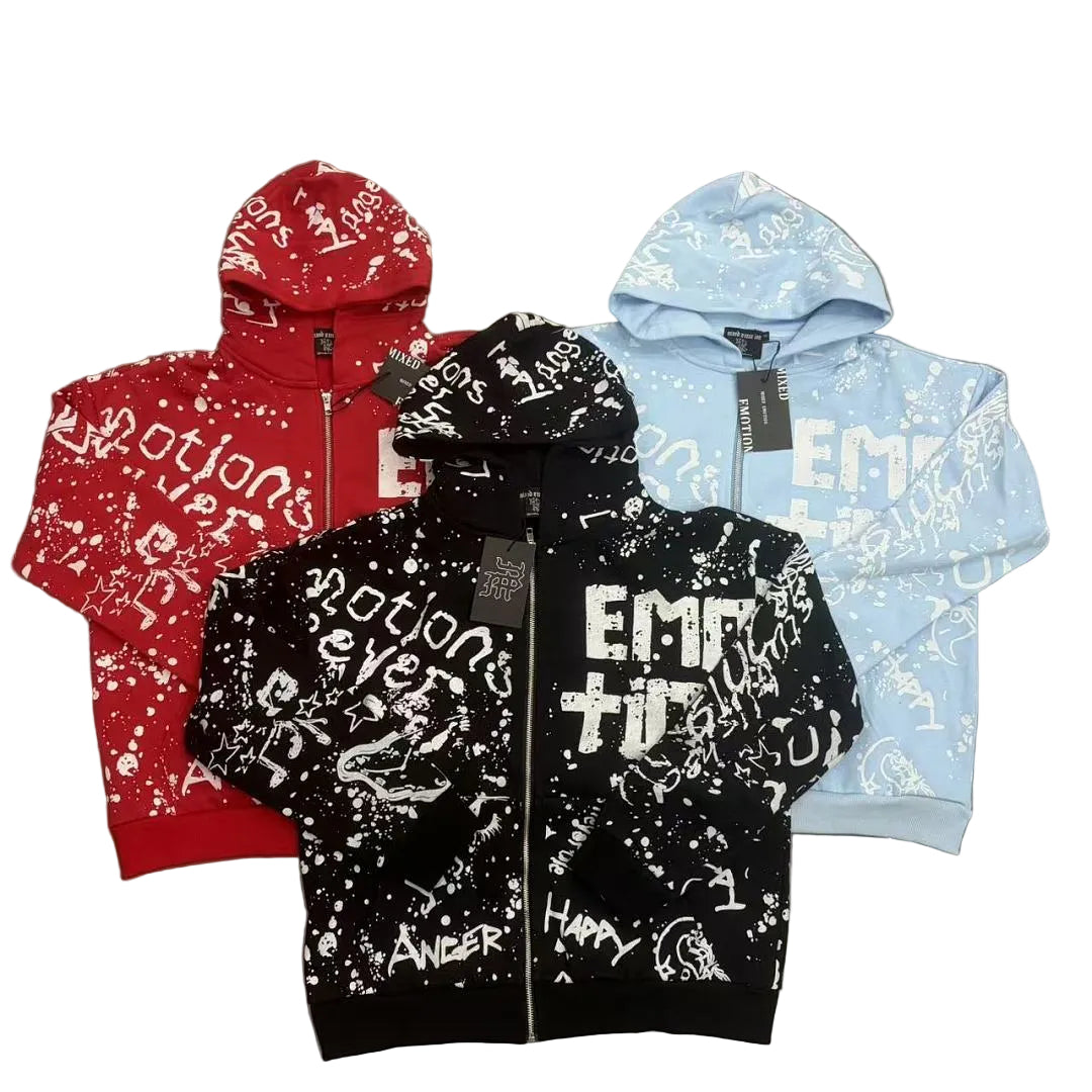 MIXED EMOTION Graffiti Print Zip‑Up Hoodie