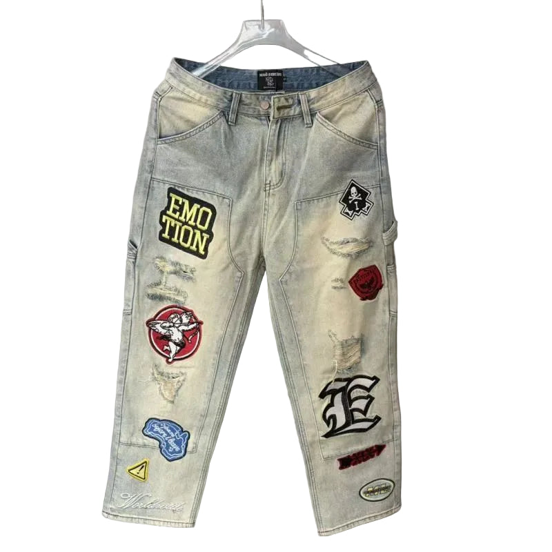 MIXED EMOTION Embroidered Patch Baggy Jeans