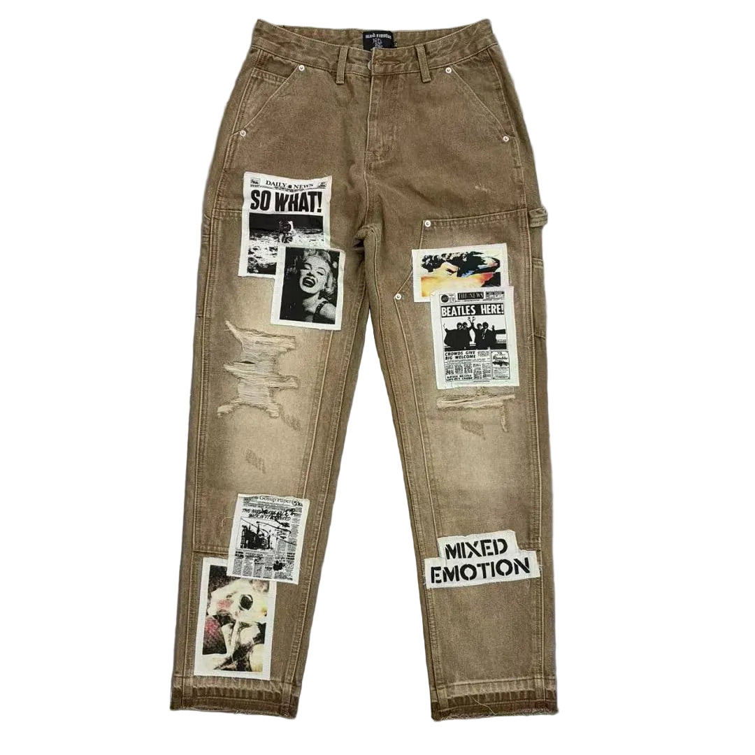 MIXED EMOTION Newspaper‑Print Patch Carpenter Pants