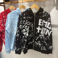 MIXED EMOTION Graffiti Print Zip‑Up Hoodie