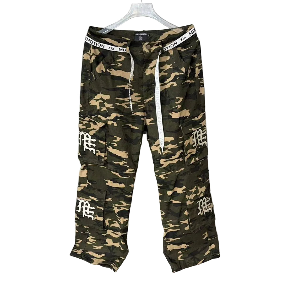 MIXED EMOTION Camo Gothic Logo Cargo Pants