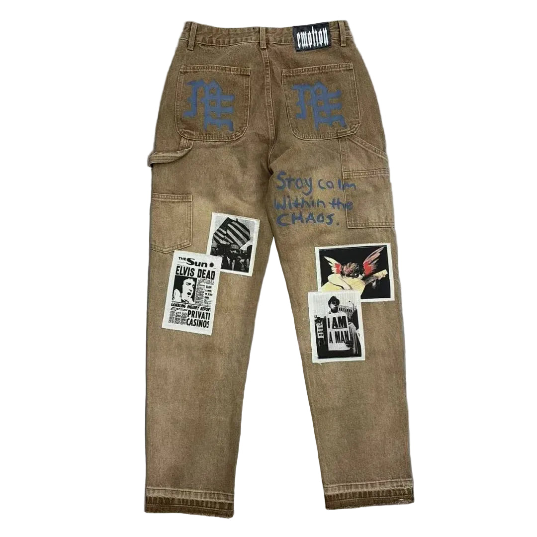 MIXED EMOTION Newspaper‑Print Patch Carpenter Pants