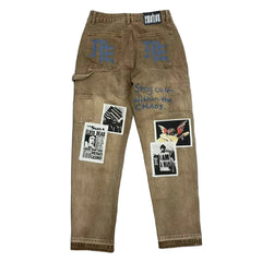 MIXED EMOTION Newspaper‑Print Patch Carpenter Pants