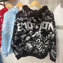 MIXED EMOTION Graffiti Print Zip‑Up Hoodie