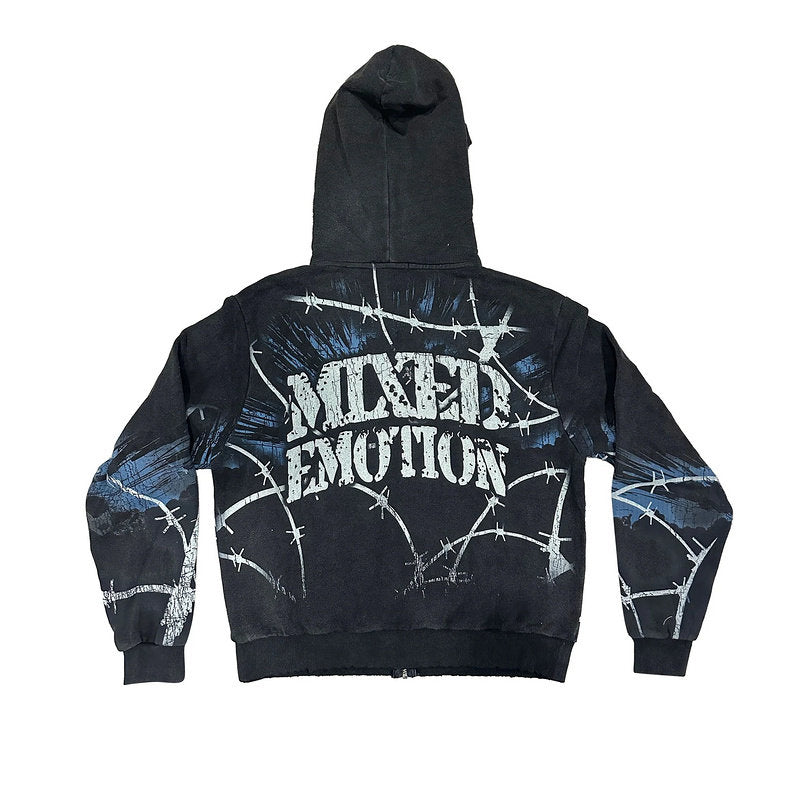 MIXED EMOTION Barbed‑Wire Full‑Zip Hoodie