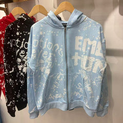 MIXED EMOTION Graffiti Print Zip‑Up Hoodie