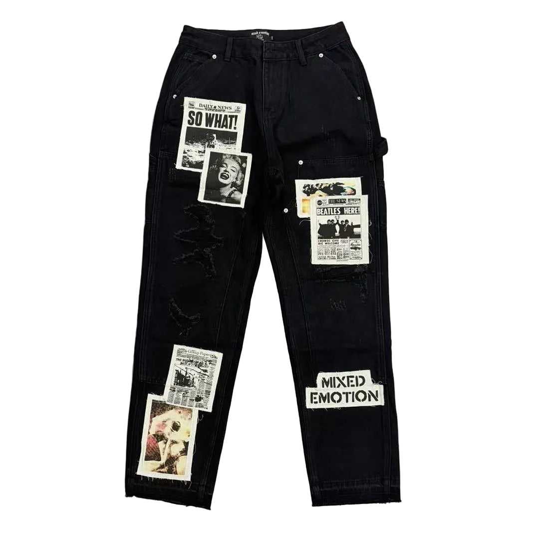MIXED EMOTION Newspaper‑Print Patch Carpenter Pants