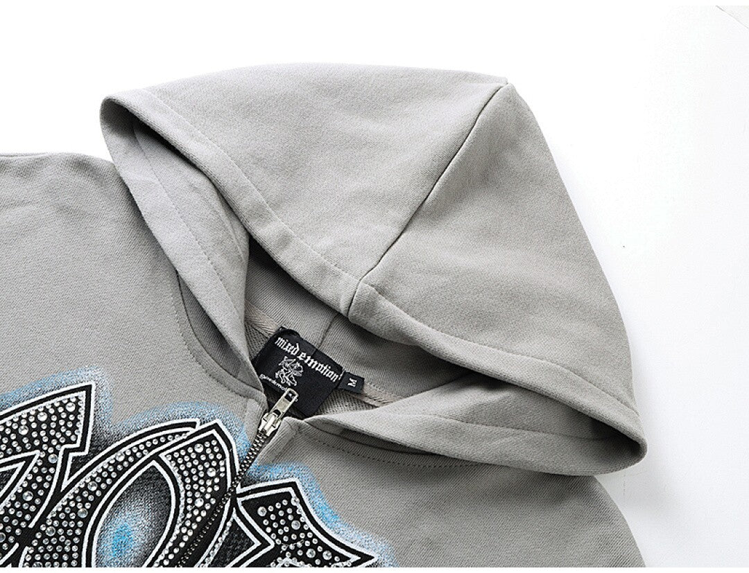 MIXED EMOTION Retro Print Zip Hoodie
