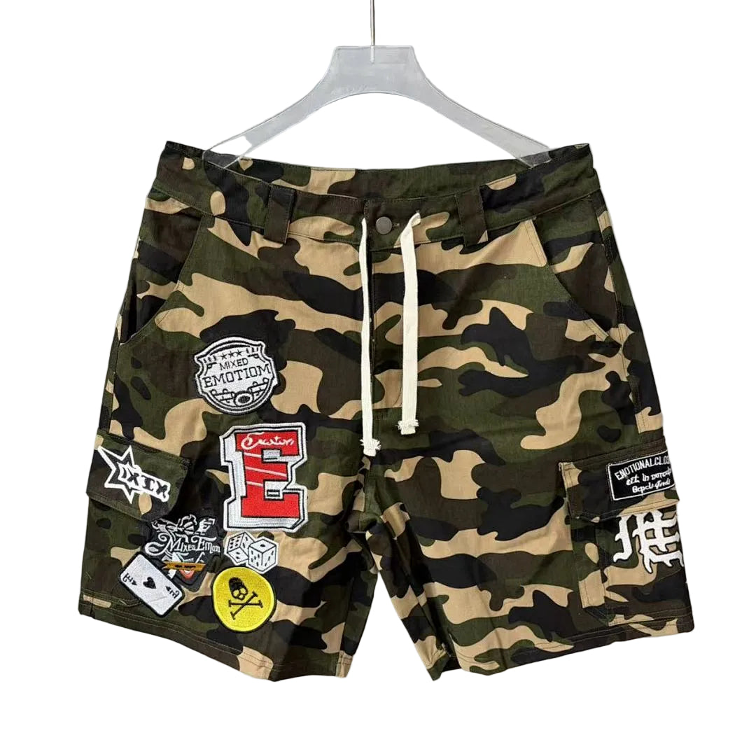 MIXED EMOTION Camo Multi‑Patch Cargo Shorts