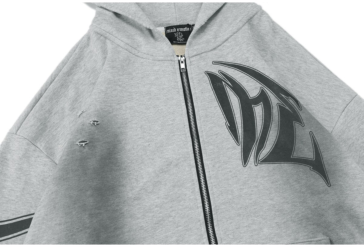 MIXED EMOTION Gothic Letter Zip‑Up Hoodie