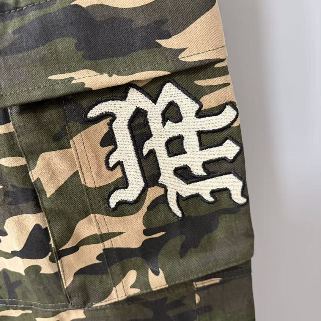 MIXED EMOTION Camo Gothic Logo Cargo Pants