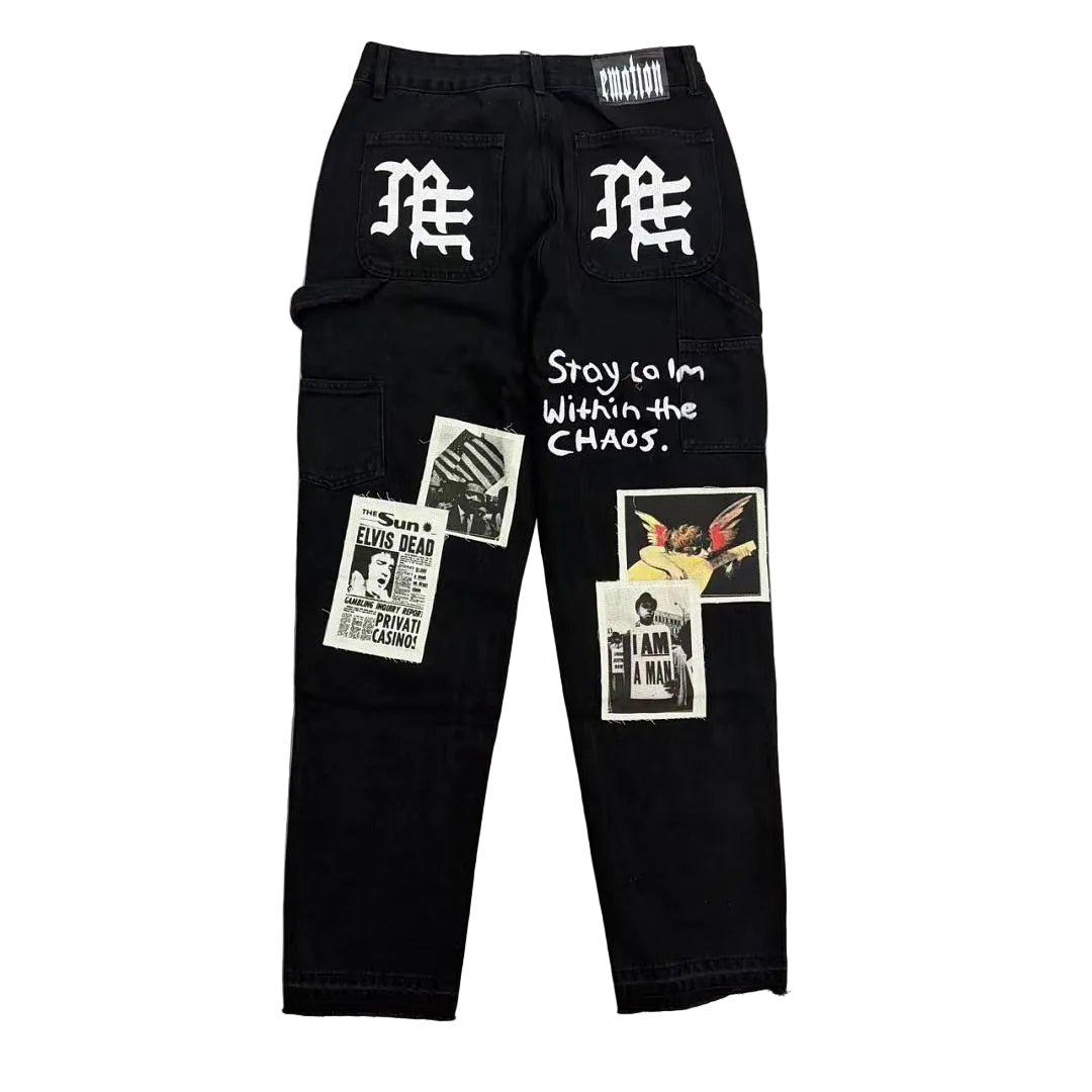 MIXED EMOTION Newspaper‑Print Patch Carpenter Pants