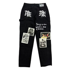 MIXED EMOTION Newspaper‑Print Patch Carpenter Pants