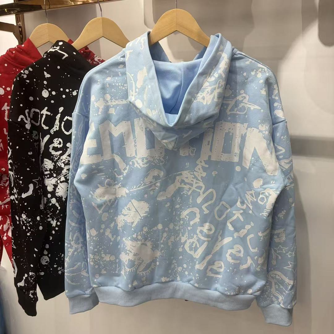 MIXED EMOTION Graffiti Print Zip‑Up Hoodie