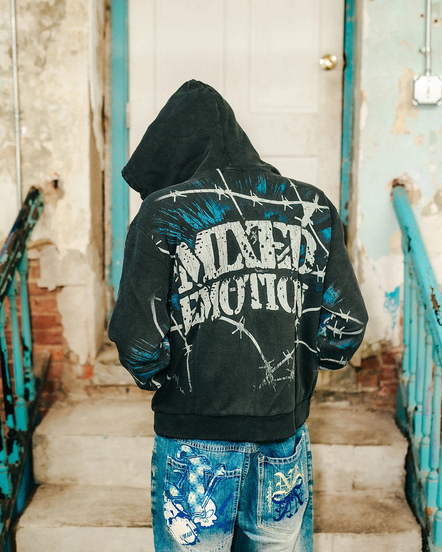 MIXED EMOTION Barbed‑Wire Full‑Zip Hoodie