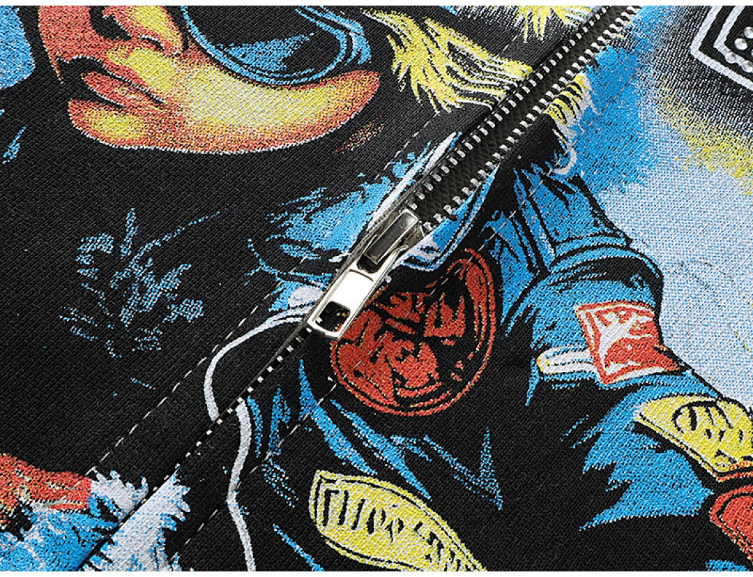 MIXED EMOTION Retro Print Zip Hoodie