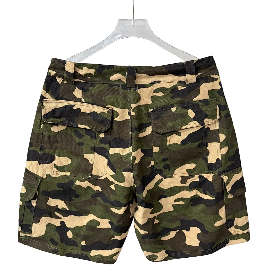 MIXED EMOTION Camo Multi‑Patch Cargo Shorts