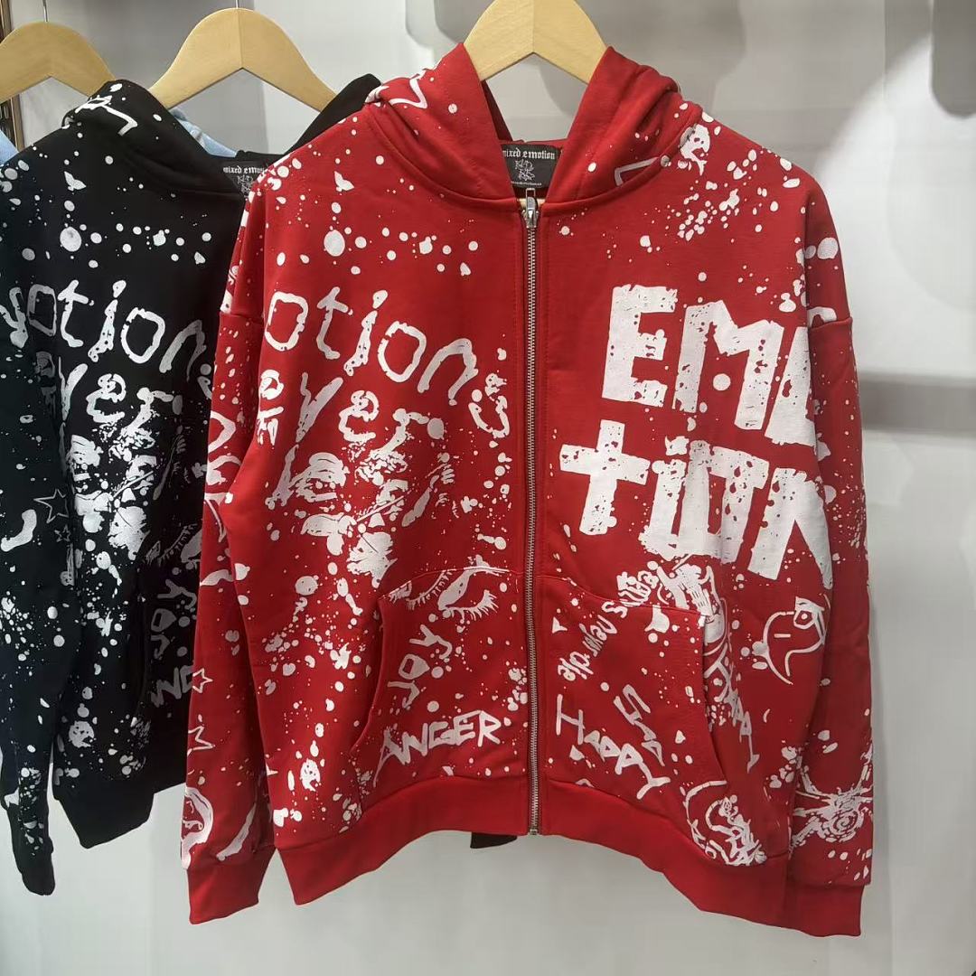 MIXED EMOTION Graffiti Print Zip‑Up Hoodie