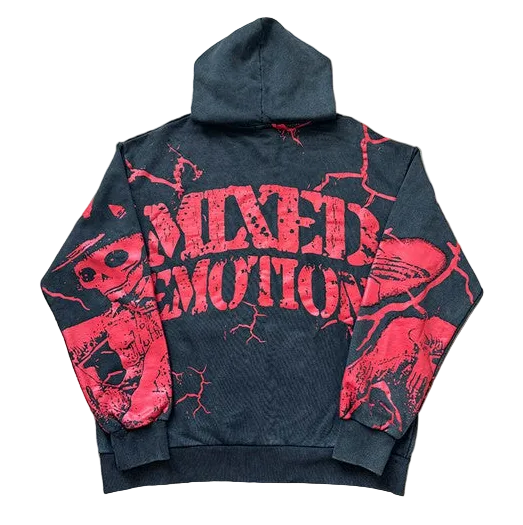 MIXED EMOTION Skull Distressed Print Zip‑Up Hoodie