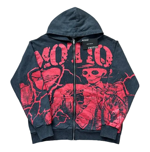 MIXED EMOTION Skull Distressed Print Zip‑Up Hoodie