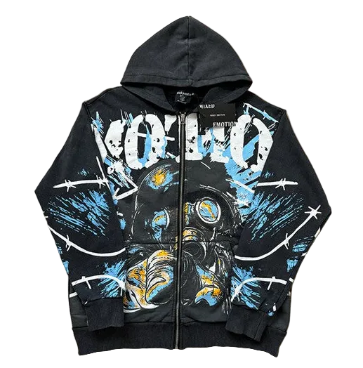 MIXED EMOTION Gas‑Mask Graphic Zip‑Up Hoodie