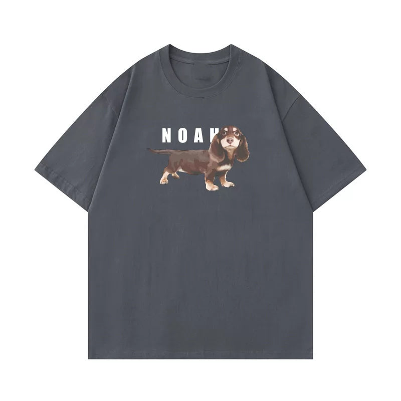 NOAH Summer American Trendy Brand Sausage Dog Printed Short sleeved T-shirt for Men and Women, Cotton Loose Round Neck Couple Half Sleeve (2)