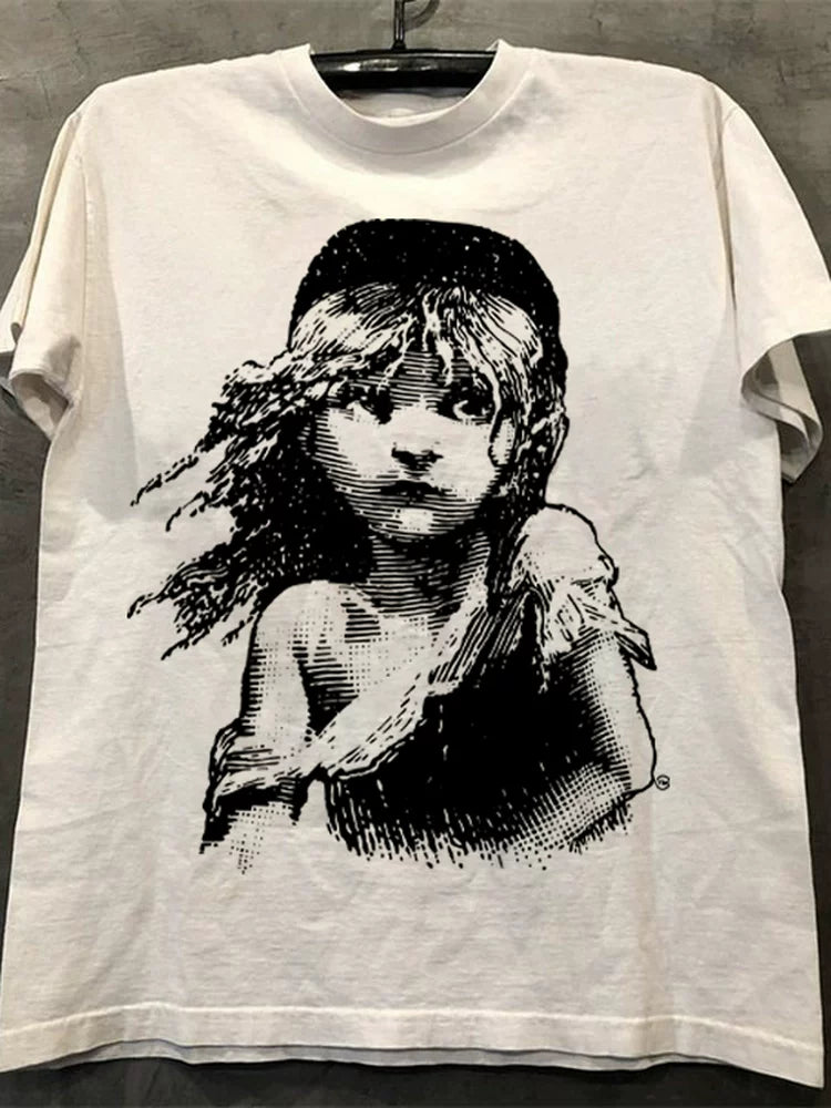 Les Miserables, a musical in Les Miserables, is a trendy high street retro T-shirt with shoulder length short sleeves for both men and women