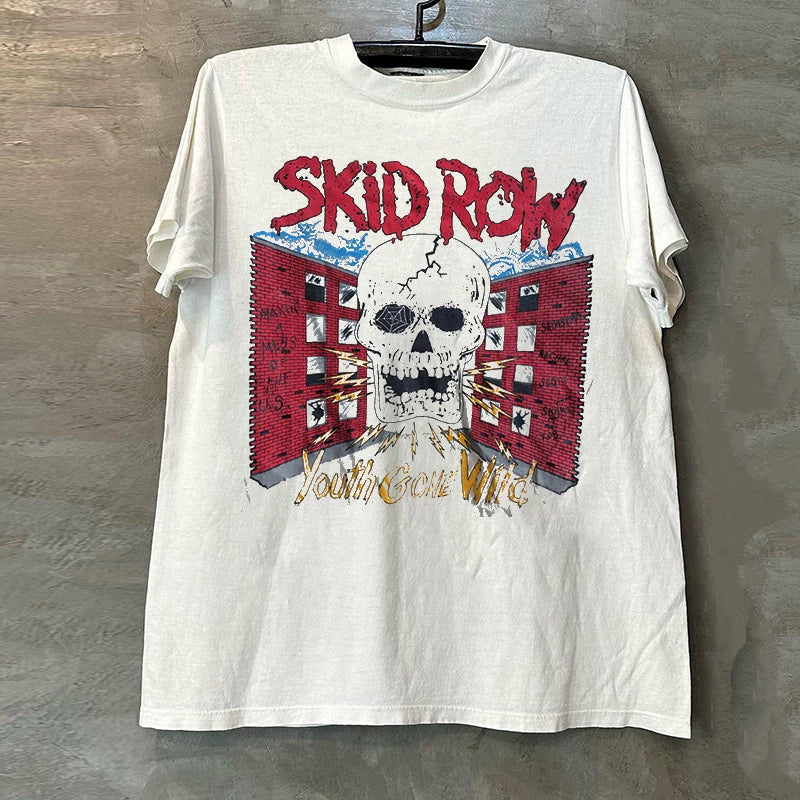 Skid Row穷街乐队骷髅头重金属oversize短袖高街hiphop痞帅T恤男