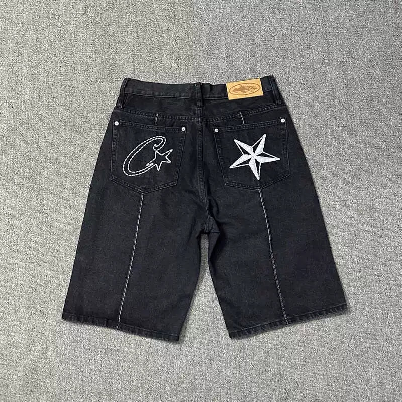 Corteiz Demon Island Embroidery Pentagram denim shorts Men's summer high street loose casual pants pants tide