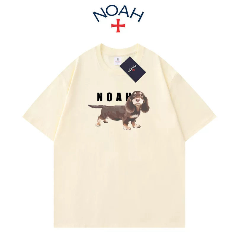 NOAH Summer American Trendy Brand Sausage Dog Printed Short sleeved T-shirt for Men and Women, Cotton Loose Round Neck Couple Half Sleeve (2)