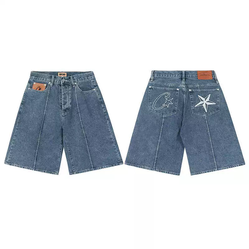 Corteiz Demon Island Embroidery Pentagram denim shorts Men's summer high street loose casual pants pants tide