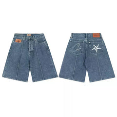 Corteiz Demon Island Embroidery Pentagram denim shorts Men's summer high street loose casual pants pants tide