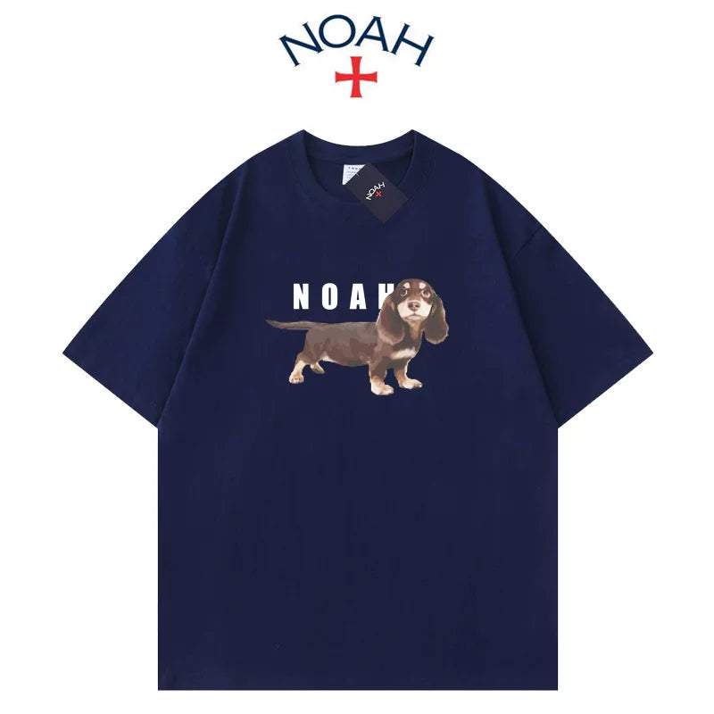 NOAH Summer American Trendy Brand Sausage Dog Printed Short sleeved T-shirt for Men and Women, Cotton Loose Round Neck Couple Half Sleeve (2)