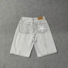 Corteiz Demon Island Embroidery Pentagram denim shorts Men's summer high street loose casual pants pants tide