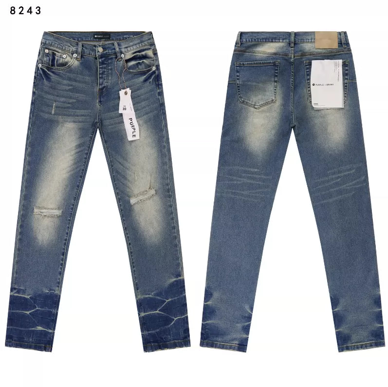 Purple Brand 泼墨涂鸦手工绘制破洞牛仔裤洗水做旧小直筒长裤男