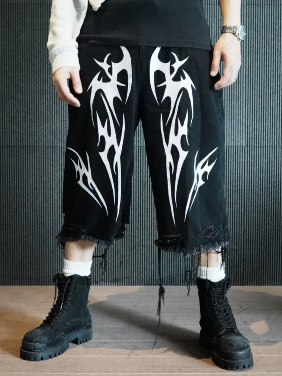 AONE4SURExBSSHTWASIL co created original embroidered LOGO street black distressed denim cropped pants