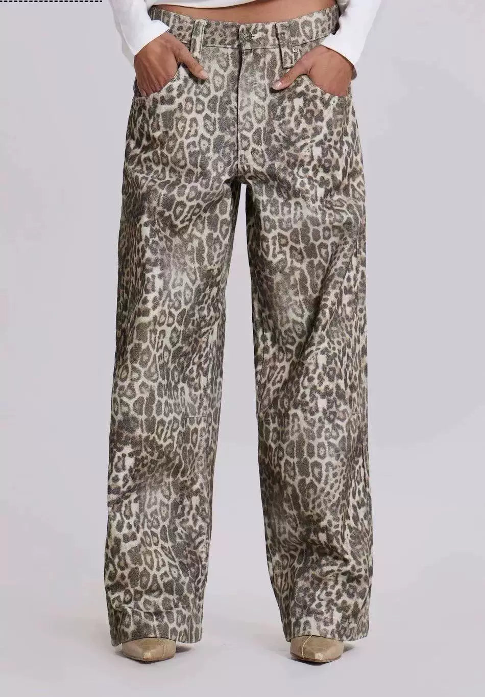 Jaded London 25 new faded leopard print full print loose wide leg low waist jeans