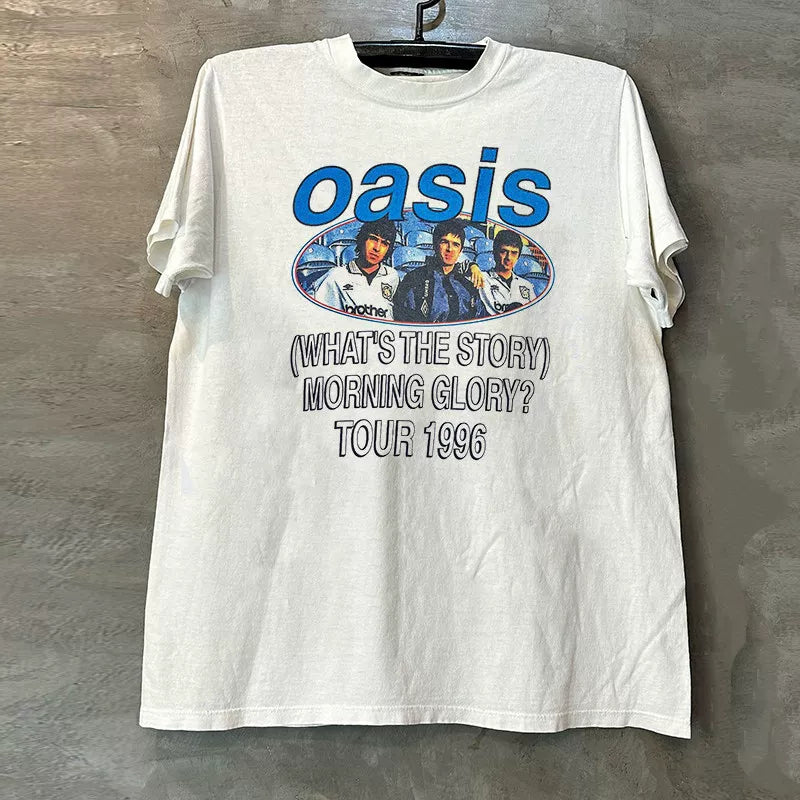 Oasis Rock Band Short Sleeve T-shirt Rapcore Portrait Atmosphere American Street Rascal Handsome Half Sleeve Male