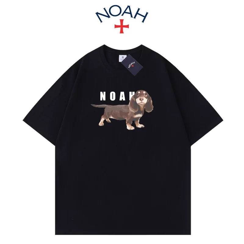 NOAH Summer American Trendy Brand Sausage Dog Printed Short sleeved T-shirt for Men and Women, Cotton Loose Round Neck Couple Half Sleeve (2)