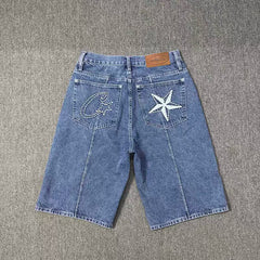 Corteiz Demon Island Embroidery Pentagram denim shorts Men's summer high street loose casual pants pants tide