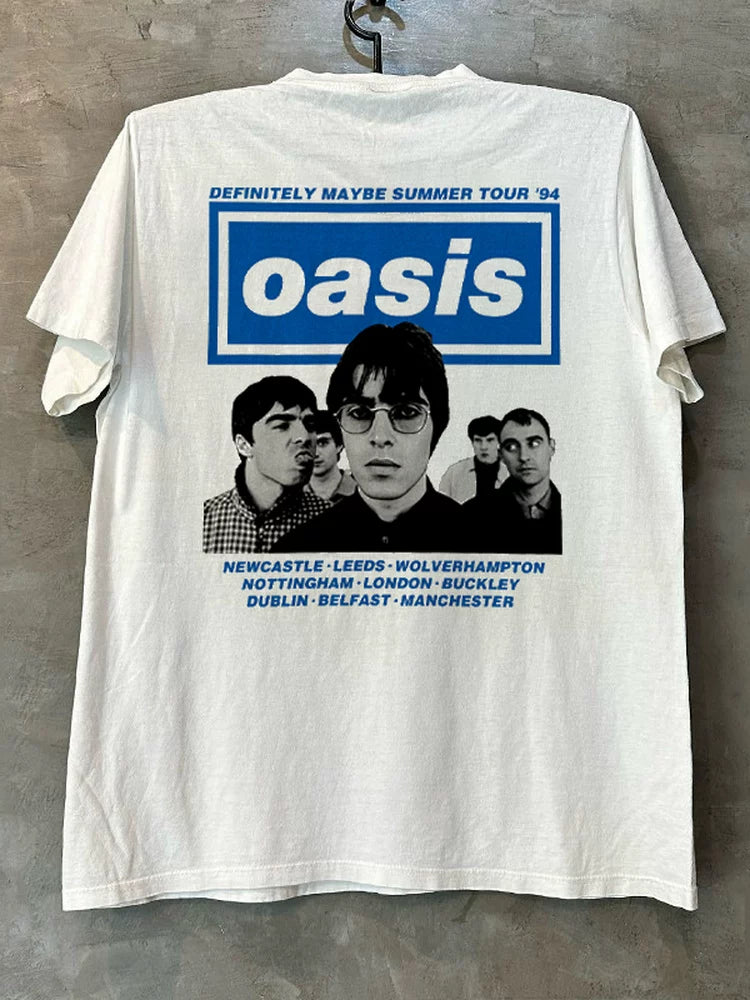 Oasis Rock Band Portrait Direct Spray Printed Short Sleeve T-shirt Vintage American Half Sleeve Trendy